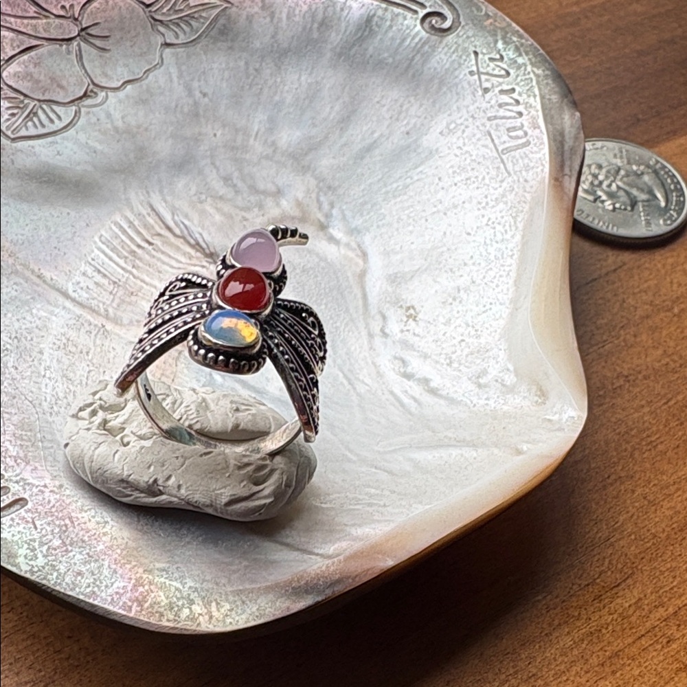 925 Solid Silver Dragonfly Ring With Moonstone, C… - image 2